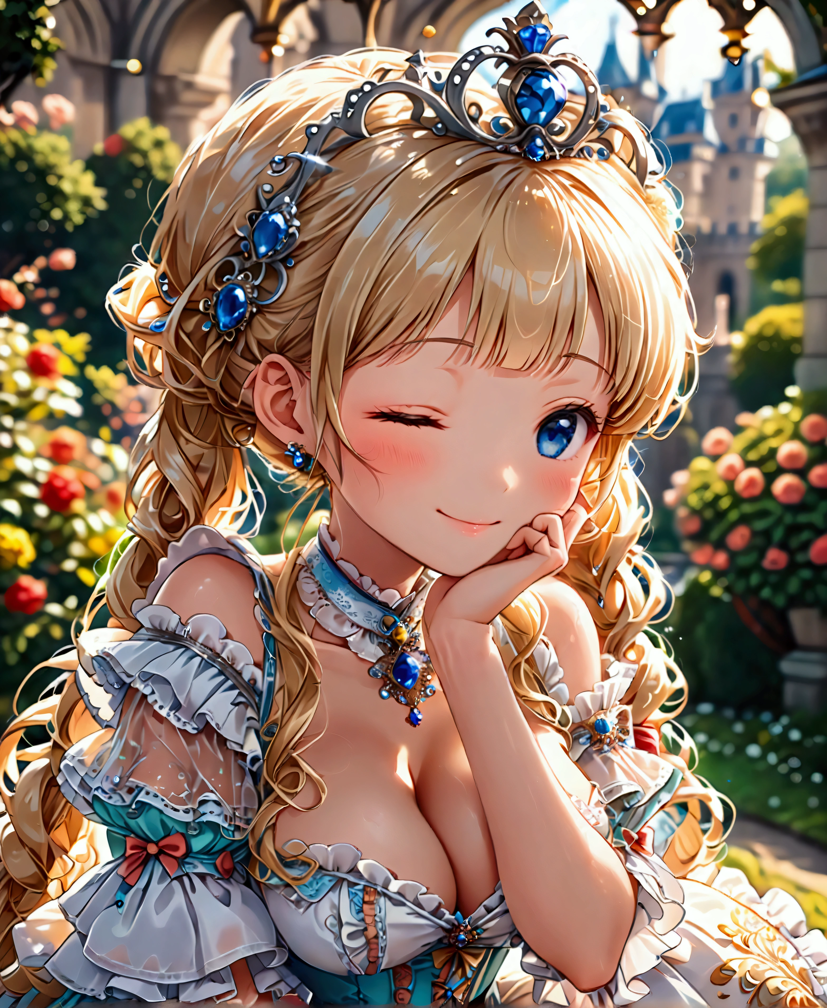 ((superbly detailed drawing, ultra detailed, exquisite quality, ultra high resolution)), ((cute smile, wink, one eye closed)), ((rococo victorian gown with voluminous huge hoopskirt with multilayer ruffle, transparency, brilliant reflection prism)), (solo young princess), super delicate face, very kawaii face, (blond long twintails, smooth curly hair, expressive, super voluminous hair), (blunt bangs, hime_cut:1.3), silver tiara, huge breasts, breasts cleavage, breasts focus, head tilt, leaning forward, front view, from above, ((hand on own chin)), cowboy shot, super detailed skin, (((perfect hands))), (((perfect anatomy))), (royal castle garden, reality:1.2), (blurry background, depth of field:1.4), particle effect, caustics, (anime moe art style),