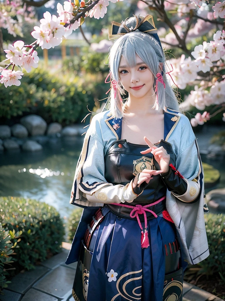 best quality, masterpiece, photorealistic, 1girl, solo, standing, cowboy shot, looking at viewer, smile, closed mouth, bangs, kamisato cosplay costume, cosplay, light blue hair, long hair, ponytail, hair ornament, ribbon, hair ribbon, japanese clothes, armored dress, japanese armor, arm guards, fingerless gloves, tress ribbon, tassel, japanese garden, cherry blossoms, tree, 