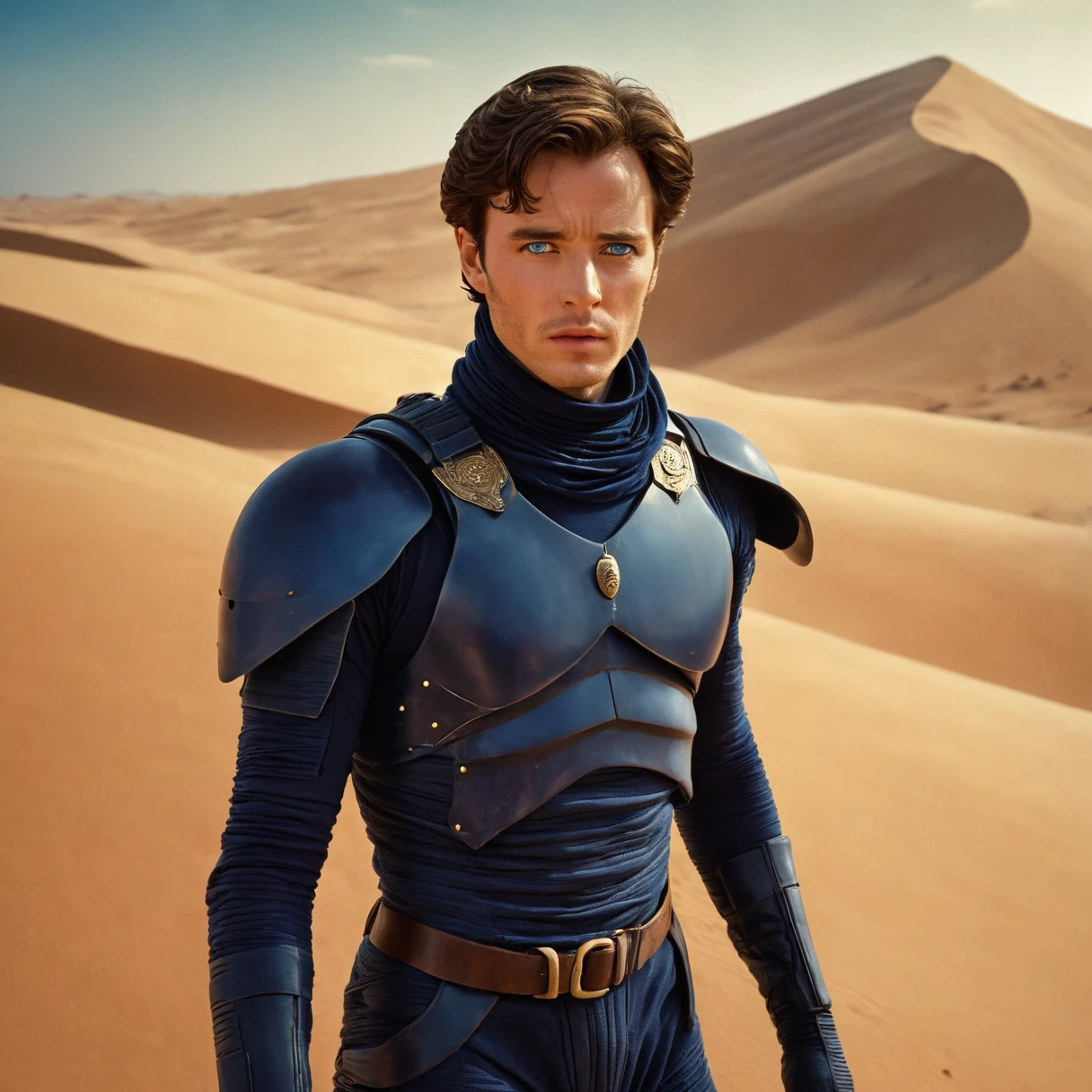 Dune style, professional full-length photo of Paul Atreides in the desert on the planet Dune, 25 years old, dark blue eyes, Highly detailed, Masterpiece, epic, Movie Poster, modern, of the future, colorful, full body photo, sandstorm in the background
