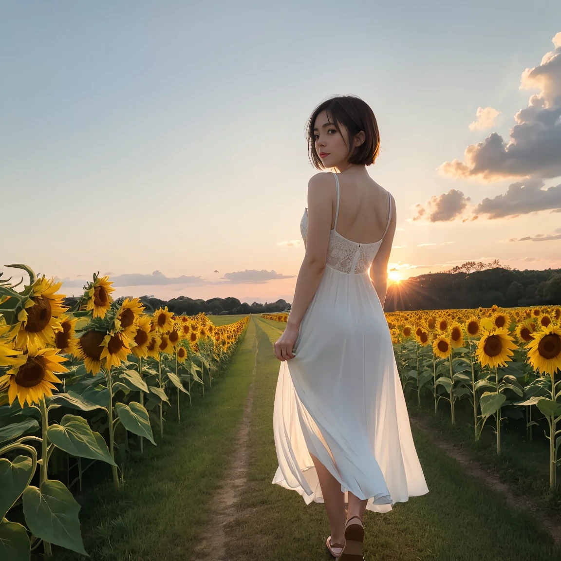 (One woman), short bob, 28 years old, Japanese, brown eyes, brown hair, slim figure, flat chest, rosy cheeks, flushed face,
Break
Back view running through a field of sunflowers, Pale yellow sky, sun climbing, white light.White one-piece dress, Renoir, Claude Monet, dense and fantastic.