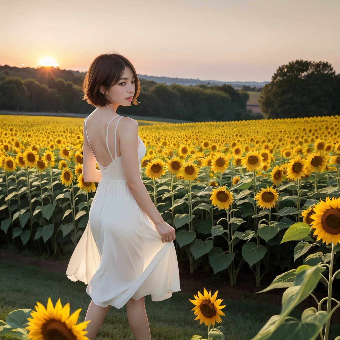 (One woman), short bob, 28 years old, Japanese, brown eyes, brown hair, slim figure, flat chest, rosy cheeks, flushed face,
Break
Back view running through a field of sunflowers, Pale yellow sky, sun climbing, white light.White one-piece dress, Renoir, Claude Monet, dense and fantastic.