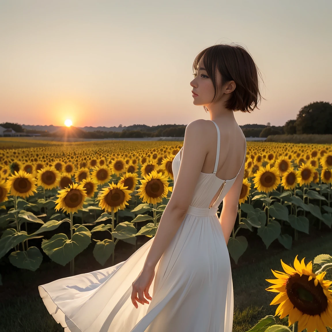 (One woman), short bob, 28 years old, Japanese, brown eyes, brown hair, slim figure, flat chest, rosy cheeks, flushed face,
Break
Back view running through a field of sunflowers, Pale yellow sky, sun climbing, white light.White one-piece dress, Renoir, Claude Monet, dense and fantastic.