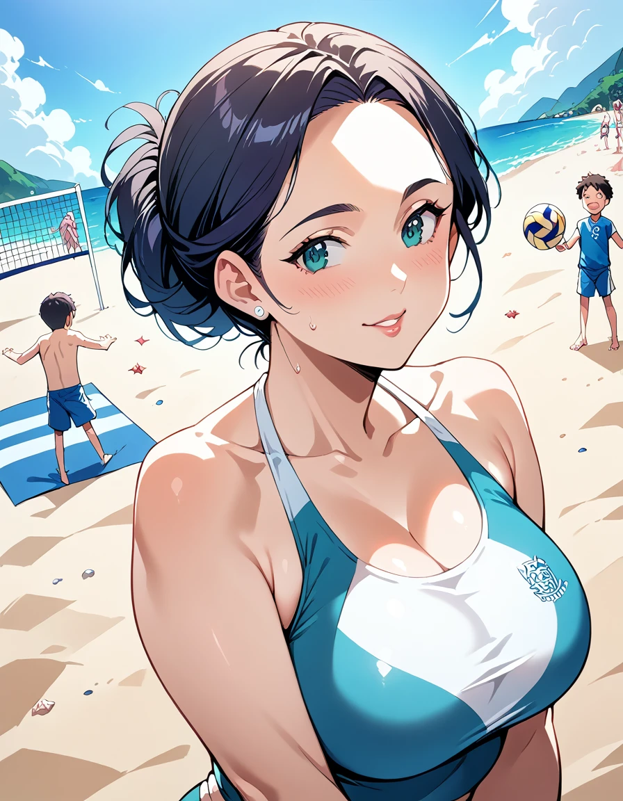 score_9, score_8_up, score_7_up, source_アニメ, 1boy, 1girl, mature female, mother and son, kid,Close Range，Beach and volleyball，sports