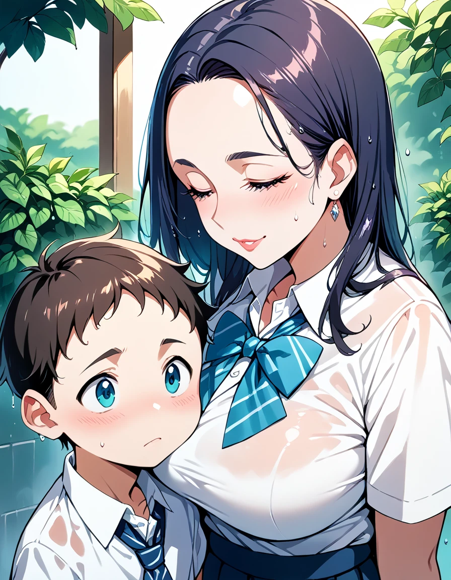 score_9, score_8_up, score_7_up, source_アニメ, 1boy, 1girl, mature female, mother and son, kid,Close Range，Wet school uniform