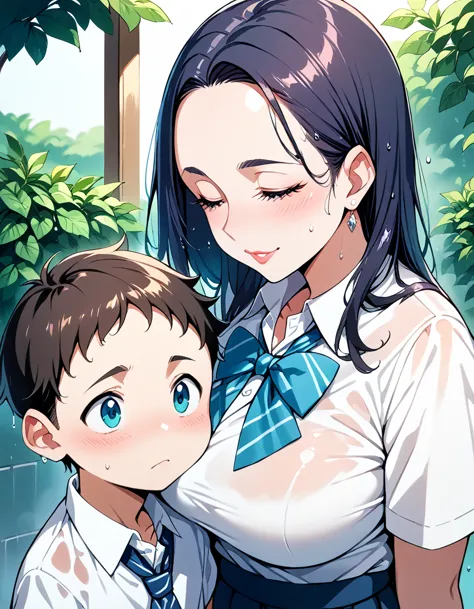 score_9, score_8_up, score_7_up, source_アニメ, 1boy, 1girl, mature female, mother and son, kid,close range，wet school uniform