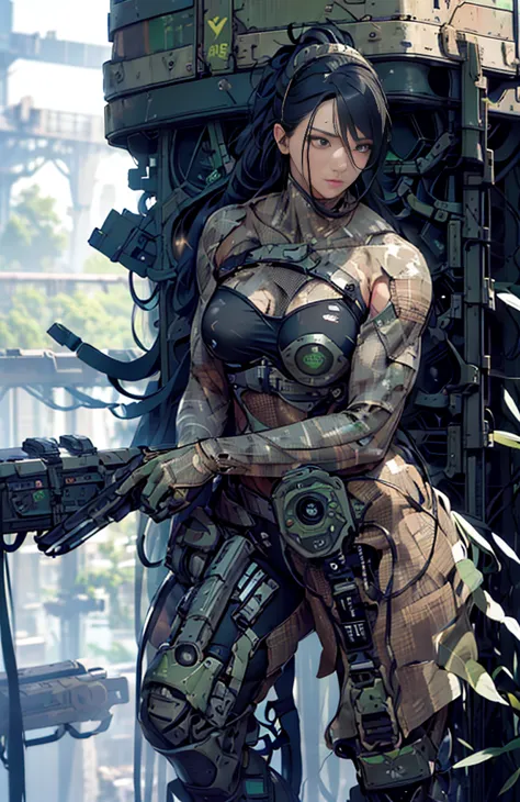 below is a high quality and coherent sd prompt。 beautiful woman in a slingshot bikini with camouflage and mechanical details。dre...