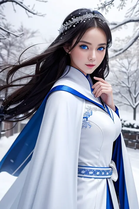 beautiful, seductive woman、blue eyes、white cape、snowstorm