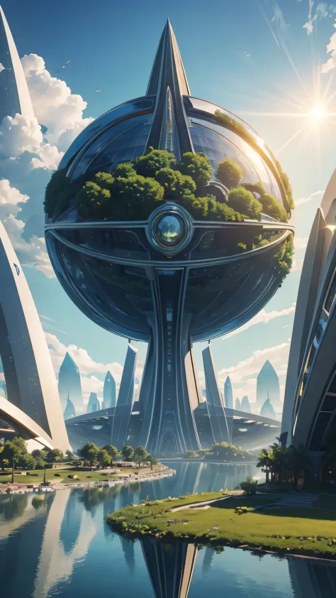 utopian world, brilliant gorgeous colors, thriving buildings, high-end apparel and architectural designs, solarpunk buildings, a...