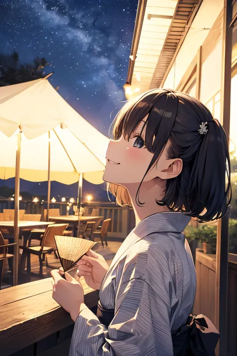 black hair。girl。yukata。night。a starry sky。fan。look up。smile。outdoor。