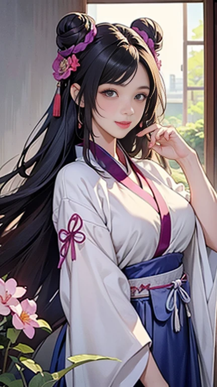 ( High resolution、 Super detailed)、masterpiece、Highest quality、High resolution、8k、Detailed Anime、Buildings from the Tang Dynasty、Tang Dynasty China、Tang Dynasty China、Young and beautiful woman、Beautiful Face、Beautiful Face、Pretty lips、Hanfu、(Full Body Shot)、Hair styled in a bright-colored round bun、Smiling eyes、Walking、background、garden、Colorful flowers、Plum blossom、Vibrant colors、Detailed CG、