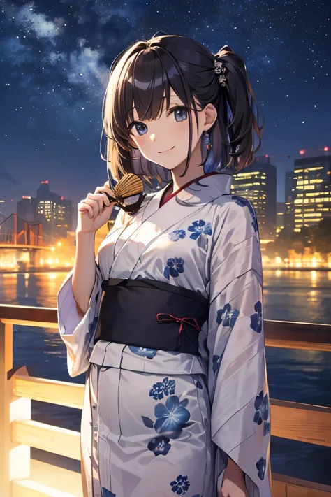 black hair。girl。yukata。night。a starry sky。fan。look up。smile。outdoor。stream。on bridge。