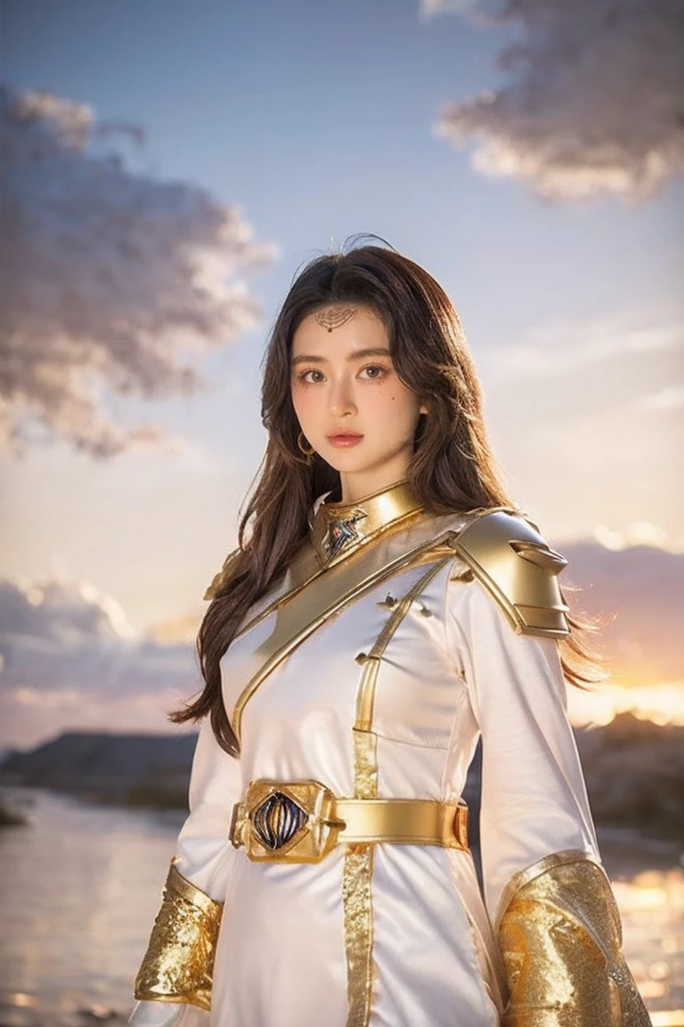 ((masterpiece, best quality, extremely detailed), volumetric lighting, ambient occlusion, colorful, glowing), 1girl, solo, young girl, (dark hair), long hair, halo, aura, sacred, goddess, cleric suit, (power ranger with gold detailst:1.3), seethrough robe, outdoors, sunset, sky, clouds, space, (fantasy theme:1.2), face marking, white robe