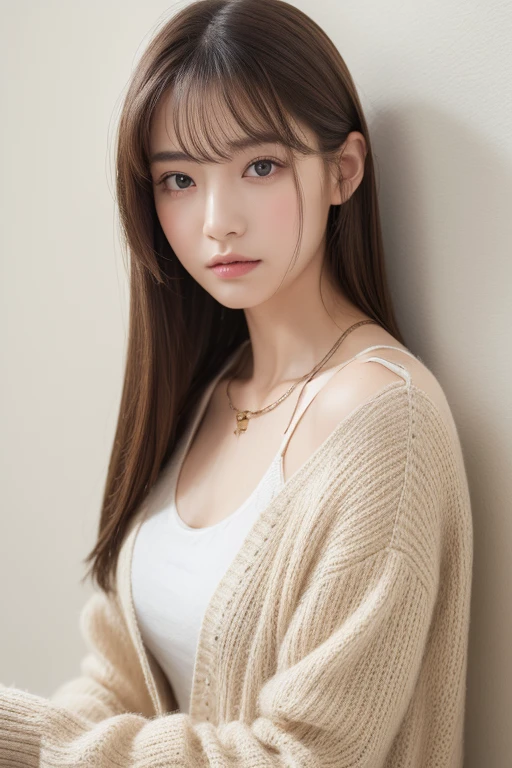 ((highest quality, 8k, masterpiece :1.3)), 1 girl, (Long Hair :1.2),Photographed in front of a white wall、Photographed in natural light、pastel cardigan :1.1, Top view、super Detailed face, Fine Eyes,(Highly realistic photos, High resolution, Detailed face, Fine Eyes)、Japanese women, 28 years old, A variety of expressions, alone:1, Various Hair Styles, Casual clothing, Only one person in the photo、Long sleeve dress、Photographed in natural light、Simple Necklace、Spring Clothes、Don&#39;t look at the camera、profile、Dark brown hair color