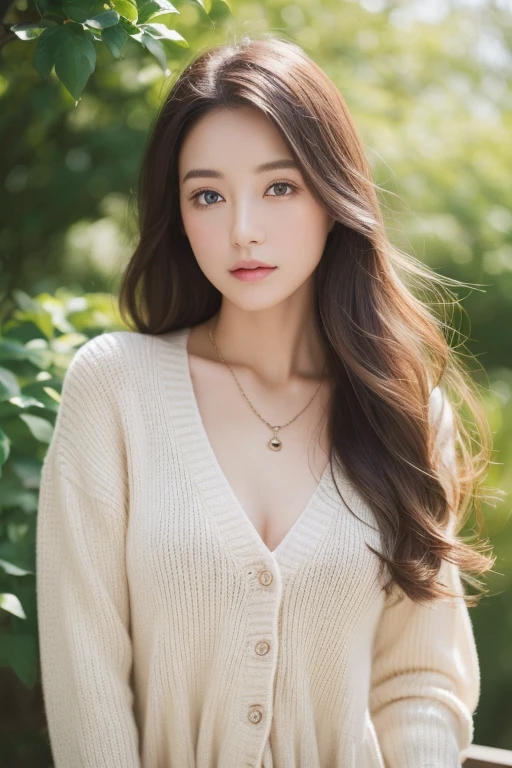 ((highest quality, 8k, masterpiece :1.3)), 1 girl, (Long Hair :1.2),Photographed in front of a white wall、Photographed in natural light、pastel cardigan :1.1, Top view、super Detailed face, Fine Eyes,(Highly realistic photos, High resolution, Detailed face, Fine Eyes)、Japanese women, 28 years old, A variety of expressions, alone:1, Various Hair Styles, Casual clothing, Only one person in the photo、Long sleeve dress、Photographed in natural light、Simple Necklace、Spring Clothes、Don&#39;t look at the camera、profile、Dark brown hair color