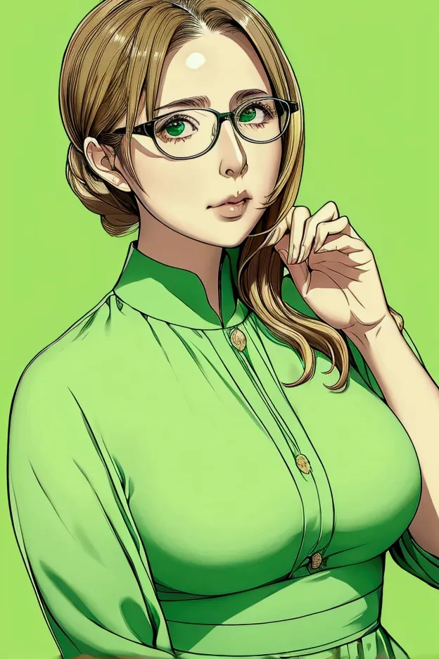 ，glasses，stand in front of you，mother，wearing a green dress