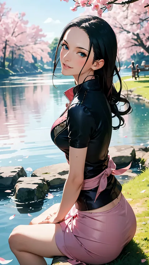 masterpiece,1 girl, nico robin,beautiful face, sitting on lake, stones, beautiful trees, beautiful pink petals, wearing long sal...