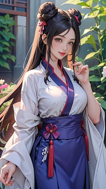 ( High resolution、 Super detailed)、masterpiece、Highest quality、High resolution、8k、Detailed Anime、Buildings from the Tang Dynasty、Tang Dynasty China、Tang Dynasty China、Young and beautiful woman、Beautiful Face、Beautiful Face、Pretty lips、Hanfu、(Full Body Shot)、Hair styled in a bright-colored round bun、Smiling eyes、Walking、background、garden、Colorful flowers、Plum blossom、Vibrant colors、Detailed CG、