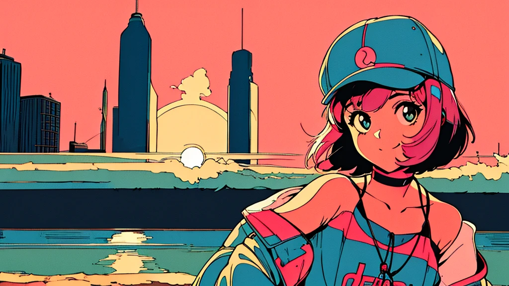 masterpiece, City Pop Style, Pink Hair, fluffy bob cut, Wear headphones, Shoulder length, alone, Futuristic, still, praise, Retro, Vintage, Ghost, A light smile, Baseball cap, sunset, Beach, avert your eyes