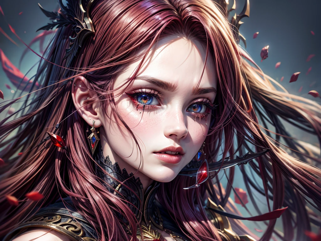 a portrait of vampire with a bloody tear coming down from he eye, an exotic beautiful female vampire, red hair color, dynamic hair style, ultra detailed face, best detailed face, silver eye color, ((1single red teardrop: 1.3)), ((tear drop made from blood)), ((teardrop coming down from the eye: 1.3)), small cleavage, wearing two black diamond earrings, Ultra-high resolution, High Contrast, (masterpiece:1.5), highest quality, Best aesthetics), 16K fantasy art, best details, best quality, highres, (ultra wide angle: 1.2), 16k, [ultra detailed], masterpiece, best quality, (extremely detailed),  Daily-Challenge, FANTASIA
