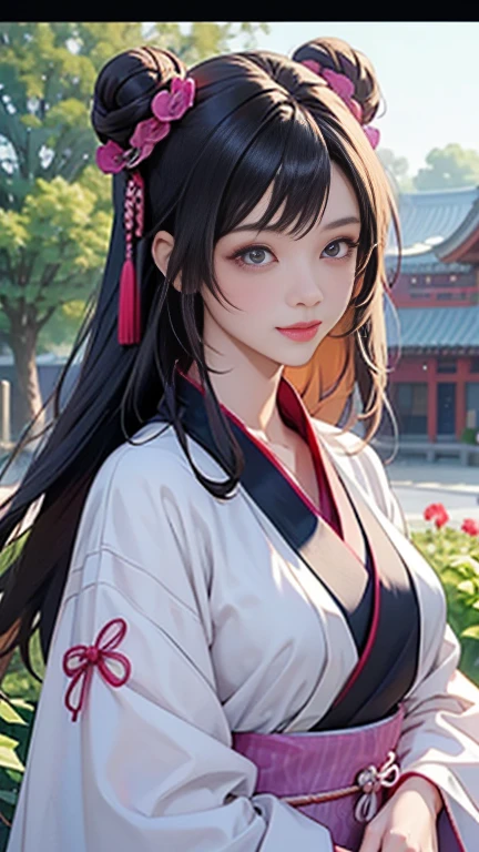 ( High resolution、 Super detailed)、masterpiece、Highest quality、High resolution、8k、Detailed Anime、Buildings from the Tang Dynasty、Tang Dynasty China、Tang Dynasty China、Young and beautiful woman、Beautiful Face、Beautiful Face、Pretty lips、Hanfu、(Full Body Shot)、Hair styled in a bright-colored round bun、Smiling eyes、Walking、background、garden、Colorful flowers、Plum blossom、Vibrant colors、Detailed CG、