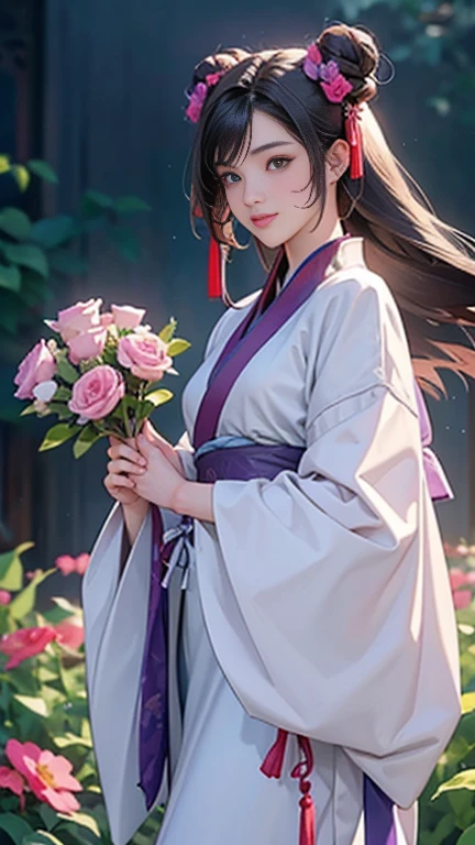 ( High resolution、 Super detailed)、masterpiece、Highest quality、High resolution、8k、Detailed Anime、Buildings from the Tang Dynasty、Tang Dynasty China、Tang Dynasty China、Young and beautiful woman、Beautiful Face、Beautiful Face、Pretty lips、Hanfu、(Full Body Shot)、Hair styled in a bright-colored round bun、Smiling eyes、Walking、background、garden、Colorful flowers、Plum blossom、Vibrant colors、Detailed CG、