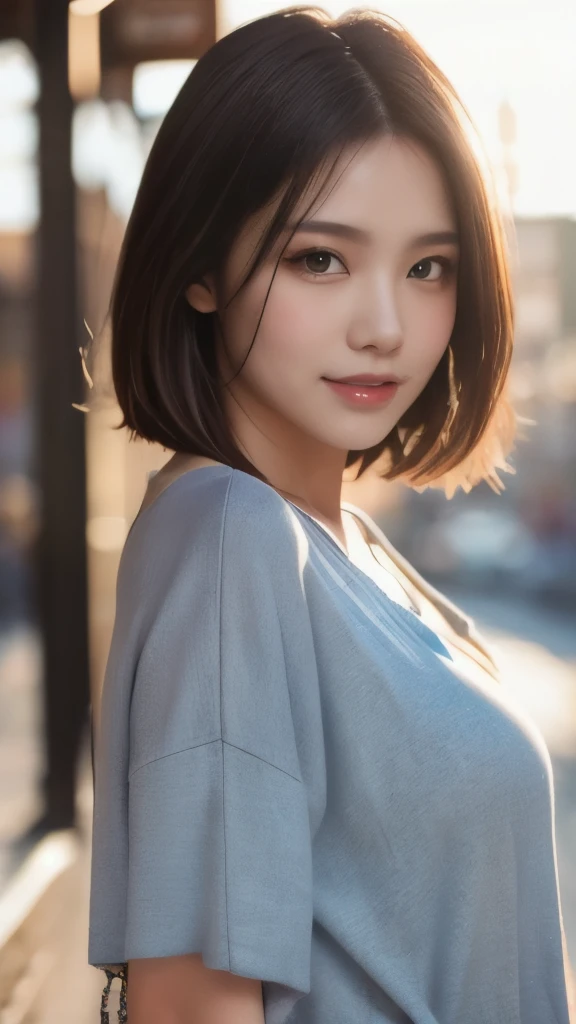 8k,Highest quality,(masterpiece:1.2),(Realistic),(Realistic:1.37),Ultra-high resolution,1 female college student,city,smile,Beautiful Eyes,(((Cute casual clothes))),Big Breasts,Perfect body,Perfect Fingers,Professional Lighting,gravure,Detailed face and skin texture,fine grain,RAW Photos