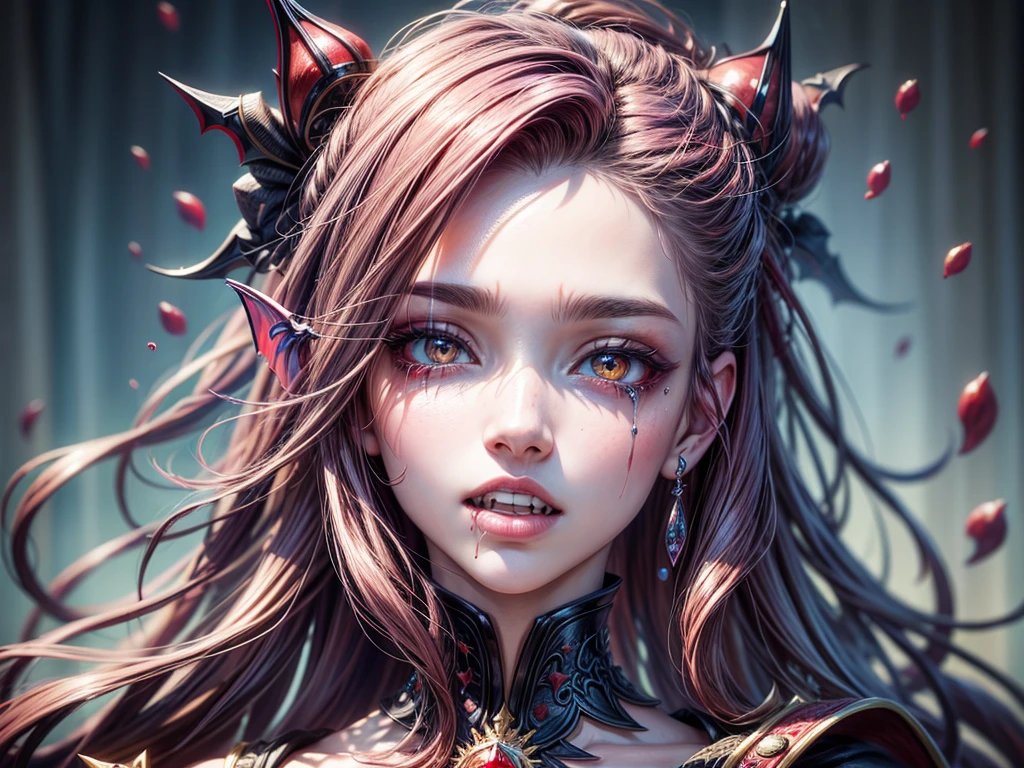 a portrait of vampire with a bloody tear coming down from he eye, an exotic beautiful female vampire, red hair color, dynamic hair style, ultra detailed face, best detailed face, silver eye color, glowing eyes ((1single red teardrop: 1.3)), ((tear drop made from blood)), ((teardrop coming down from the eye: 1.3)), ((vampire teeth: 1.5)), small cleavage, wearing two black diamond earrings, Ultra-high resolution, High Contrast, (masterpiece:1.5), highest quality, Best aesthetics), 16K fantasy art, best details, best quality, highres, (ultra wide angle: 1.2), 16k, [ultra detailed], masterpiece, best quality, (extremely detailed),  Daily-Challenge, FANTASIA
