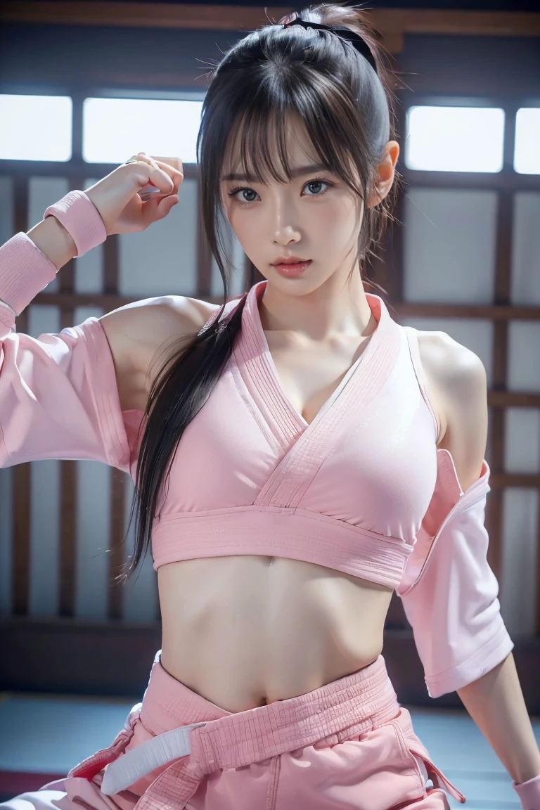 (I see a sports bra)、(((sexy pink karate uniform)))、a female karateka with bangs and twintails.、belly button and lower chest are visible、shiny skin、((Shy face))、((Turn your face away))、((Check out the side))、((Blushed))、(teary eyes)、cry、(((Karate dojo)))、((beautiful picture))，(masterpiece details RAW photos:1.25), (best quality:1.6), (Ultra-high resolution:1.5), (actual:1.75), 8K resolution, Canon EOS R5, 50 mm, absurd, Super detailed,movie lighting、((sports bra is clearly visible))、(((pants are taken off)))、