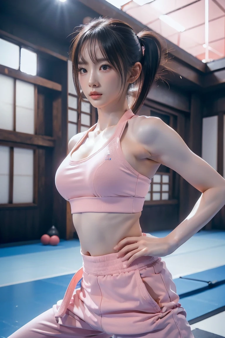 (I see a sports bra)、(((sexy pink karate uniform)))、a female karateka with bangs and twintails.、belly button and lower chest are visible、shiny skin、((Shy face))、((Turn your face away))、((Check out the side))、((Blushed))、(teary eyes)、cry、(((Karate dojo)))、((beautiful picture))，(masterpiece details RAW photos:1.25), (best quality:1.6), (Ultra-high resolution:1.5), (actual:1.75), 8K resolution, Canon EOS R5, 50 mm, absurd, Super detailed,movie lighting、((sports bra is clearly visible))、(((pants are taken off)))、