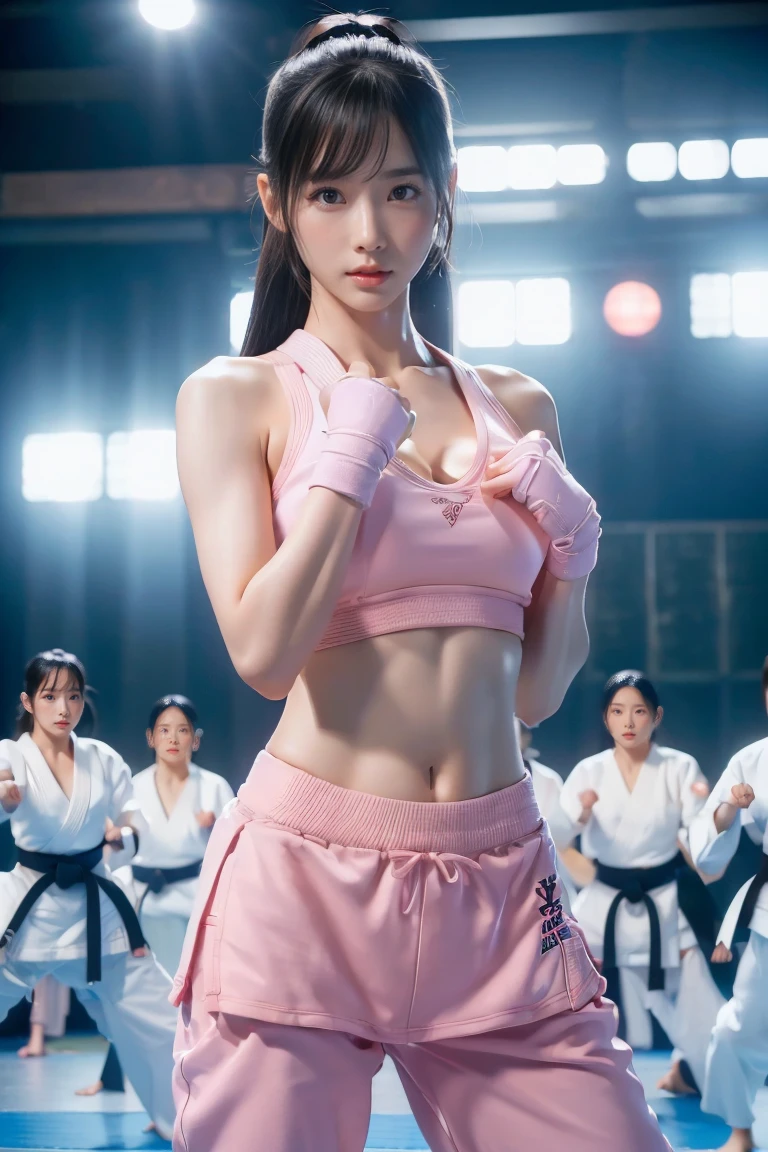 (I see a sports bra)、(((sexy pink karate uniform)))、a female karateka with bangs and twintails.、belly button and lower chest are visible、shiny skin、((Shy face))、((Turn your face away))、((Check out the side))、((Blushed))、(teary eyes)、cry、(((Karate dojo)))、((beautiful picture))，(masterpiece details RAW photos:1.25), (best quality:1.6), (Ultra-high resolution:1.5), (actual:1.75), 8K resolution, Canon EOS R5, 50 mm, absurd, Super detailed,movie lighting、((sports bra is clearly visible))、(((pants are taken off)))、