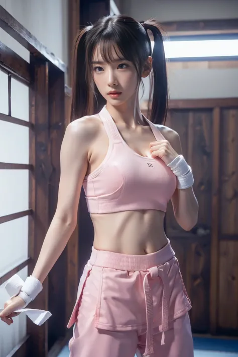 (i see a sports bra)、(((sexy pink karate uniform)))、a female karateka with bangs and twintails.、belly button and lower chest are...