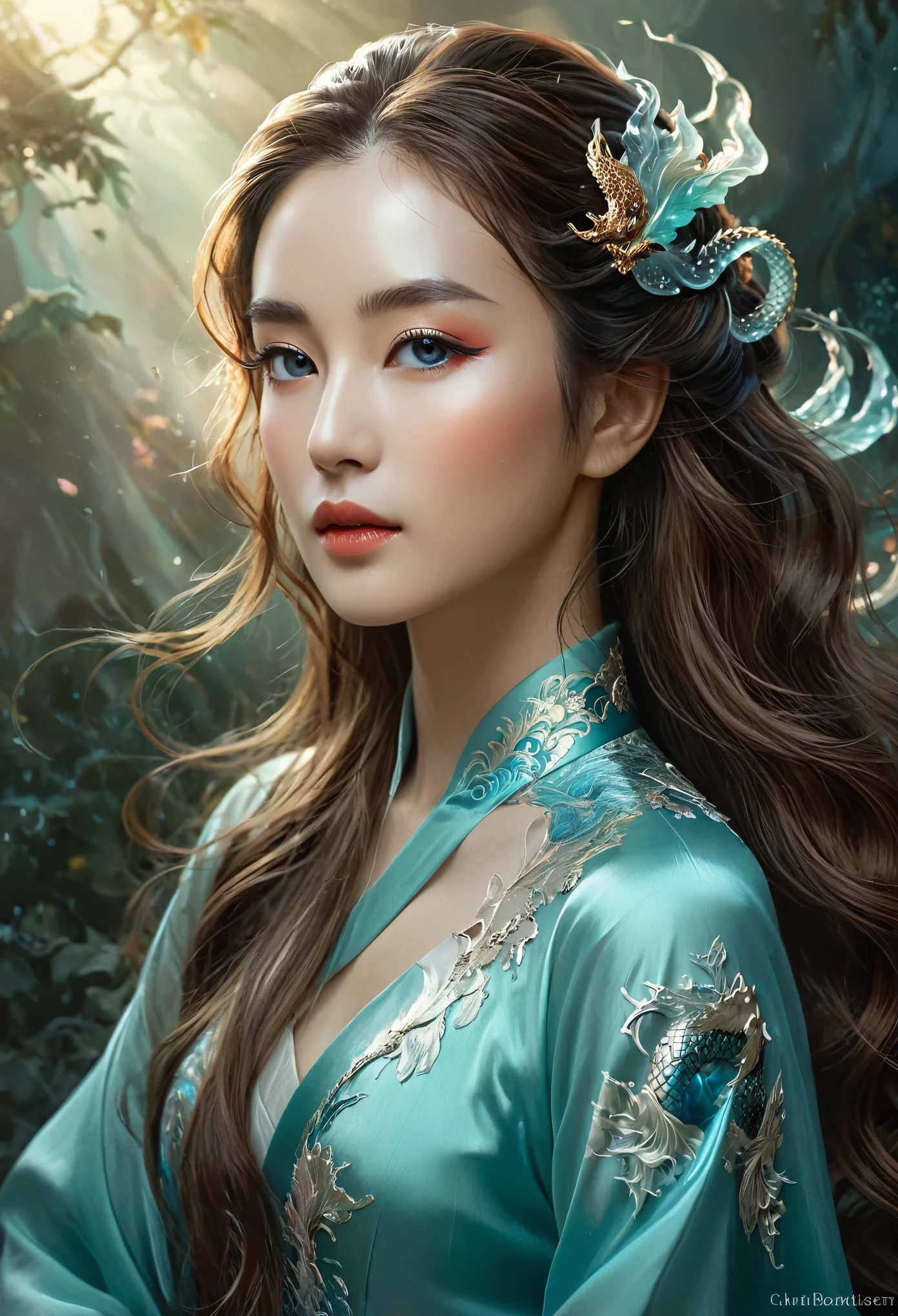 *8K masterpiece, Highest quality, Highest quality, Official Art, (Beauty and aesthetics: 1.3), Very detailed, (Fractal Art: 1.3), (She is half French and half Japanese, and is a stunning beauty with detailed eyes and a high nose:1.1), thick eyebrows, colorful, Ice and Chinese dragon, Serpentine, nail, cyan and 1 Woman, Hanwomen's Media, Hanfu, detailed facial features, long graceful neck, flowing locks of hair, poised and elegant posture, soft and delicate lighting, dreamy atmosphere, Surrealism, mystical aura, Charlie Bowater, 