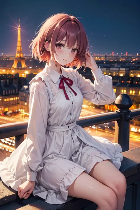 madoka ayukawa, femme aux cheveux platine en chemise à col orange pose pour une séance photo en ville devant la tour eiffel (par...