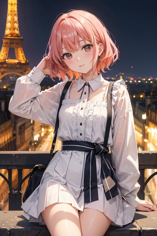 Madoka Ayukawa, Femme aux cheveux platine en chemise à col orange pose pour une séance photo en ville devant la tour Eiffel (Paris), Bokeh allemand d&#39;art 8K, corps bien proportionné, belle femme japonaise, Colliers magnifiques, belle jeune femme japonaise, portrait doux 8 k, une fille japonaise, yeux doubles et étroits, beaux yeux gris, ros tran 8k, Jolie jeune femme, Belle femme japonaise aux cheveux bleu foncé, dskbnbk,