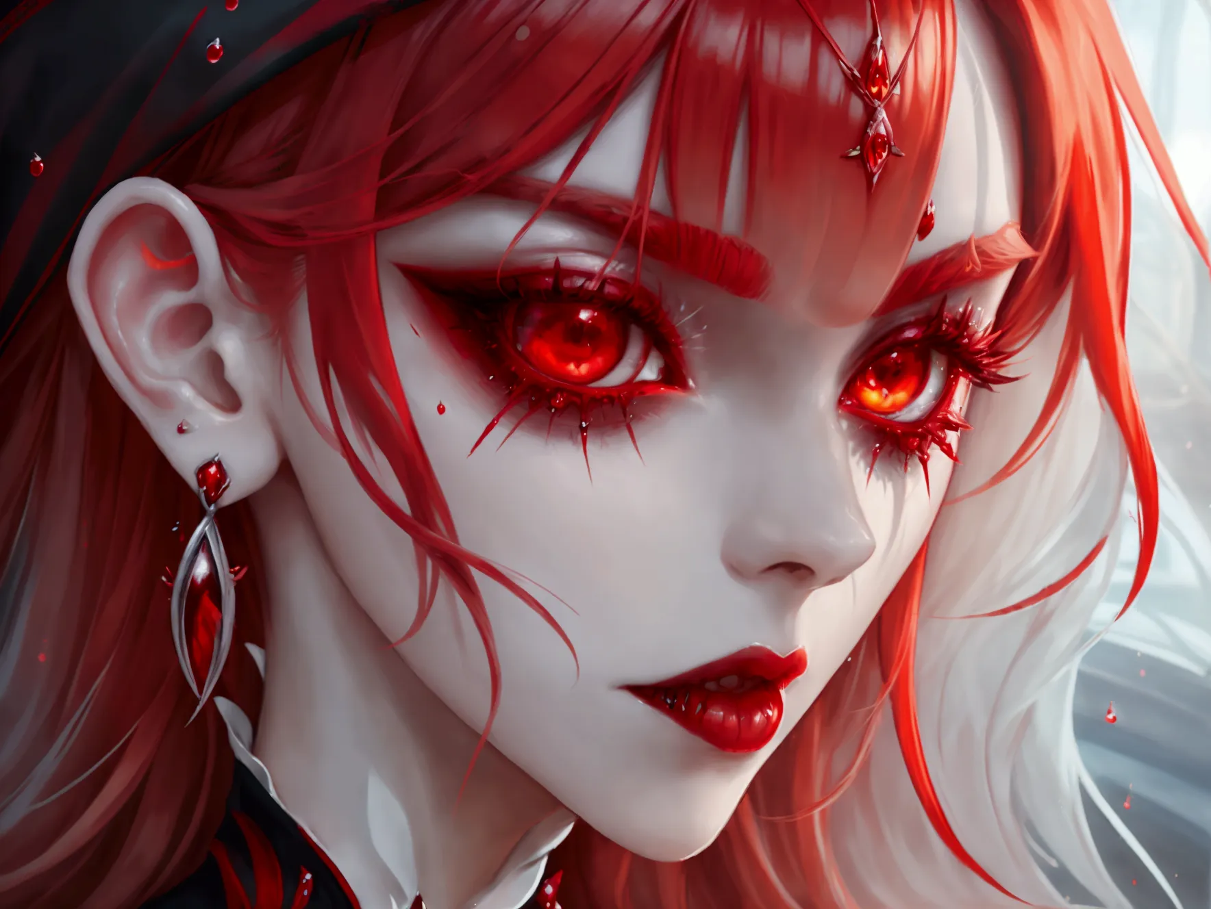 a portrait of vampire with a bloody tear coming down from he eye, an exotic beautiful female vampire, red hair color, dynamic ha...