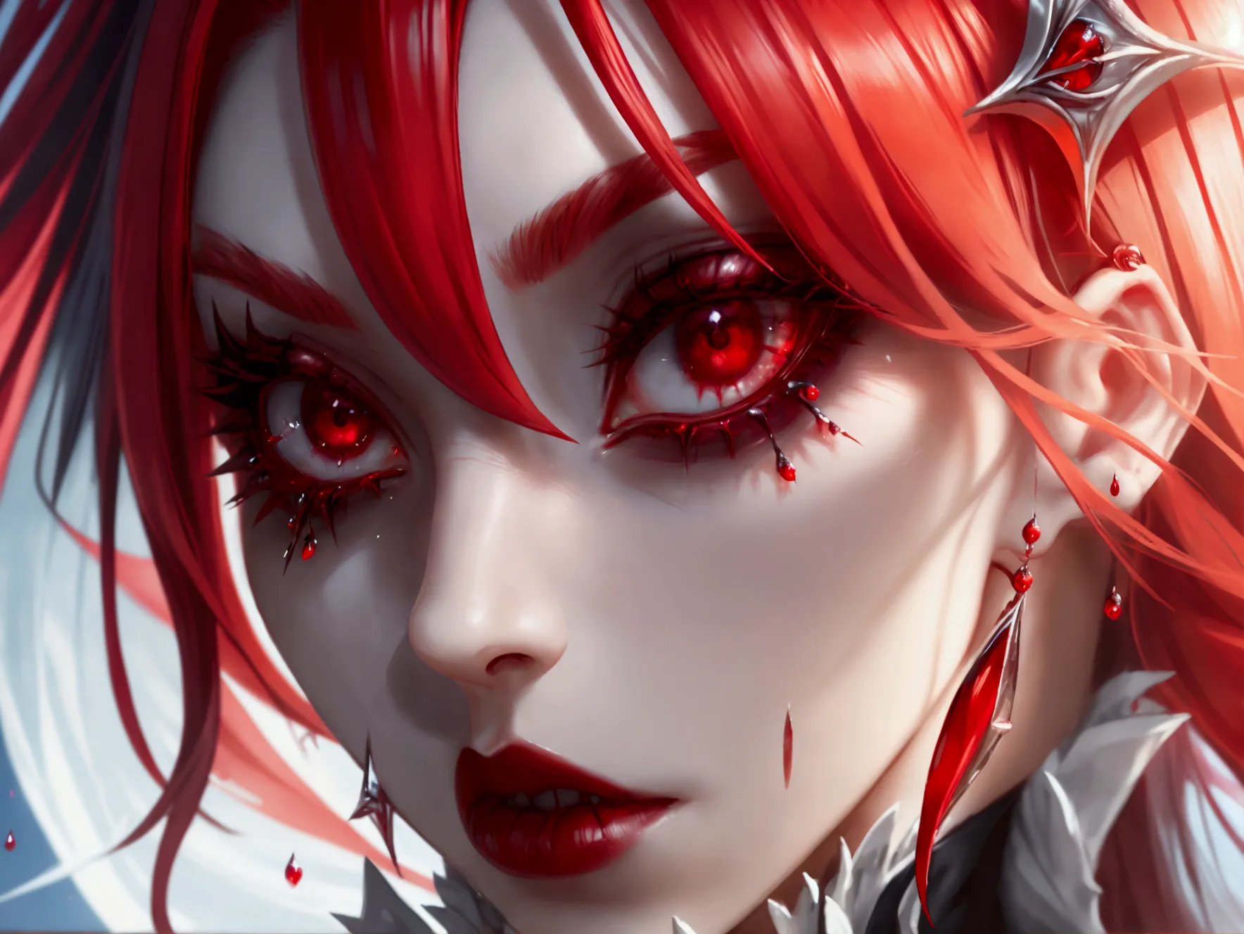 a portrait of vampire with a bloody tear coming down from he eye, an exotic beautiful female vampire, red hair color, dynamic ha...