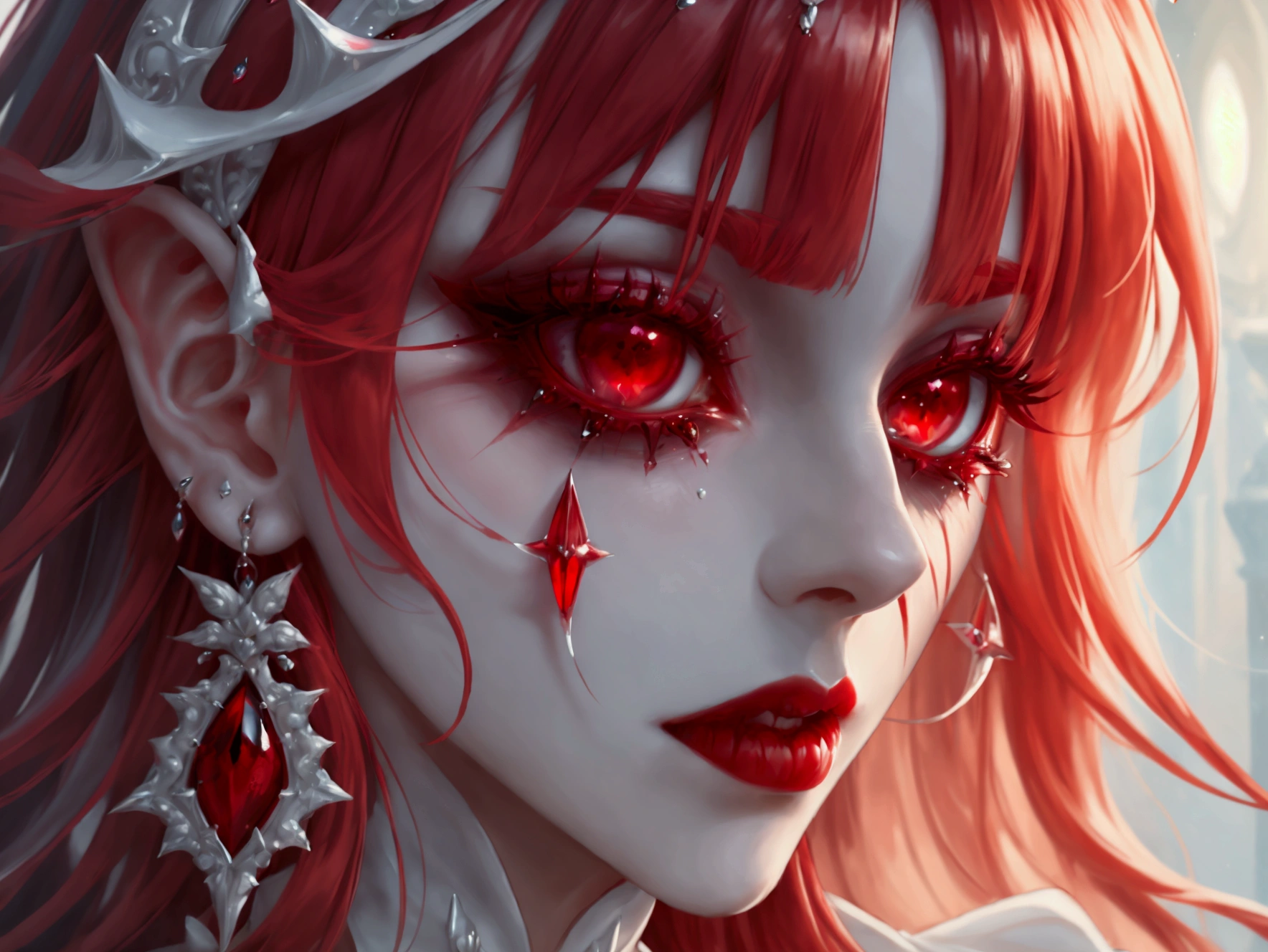 a portrait of vampire with a bloody tear coming down from he eye, an exotic beautiful female vampire, red hair color, dynamic hair style, ultra detailed face, best detailed face, silver eye color, ((1single red teardrop: 1.3)), ((tear drop made from blood)), ((teardrop coming down from the eye: 1.3)), small cleavage, wearing two black diamond earrings, Ultra-high resolution, High Contrast, (masterpiece:1.5), highest quality, Best aesthetics), 16K fantasy art, best details, best quality, highres, (ultra wide angle: 1.2), 16k, [ultra detailed], masterpiece, best quality, (extremely detailed), wearing d2c, wearing d2d, vampire