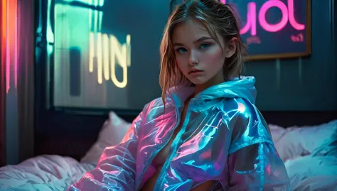 wallpaper, ambient lighting from behind, (((skinny cute girl, barely legal, age 14), (oversized satin see-through puffer jacket ...