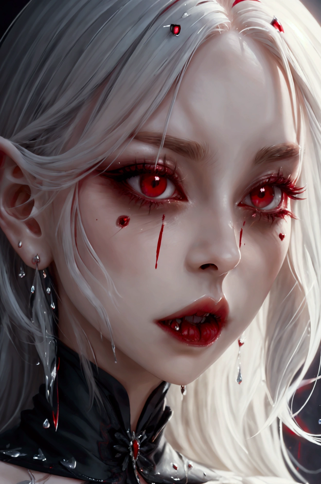 a portrait of vampire with a bloody tear coming down from he eye, an exotic beautiful female vampire, blond hair color, dynamic hair style, ultra detailed face, best detailed face, silver eye color, ((1single red teardrop: 1.3)), ((tear drop made from blood)), ((teardrop coming down from the eye: 1.3)), small cleavage, wearing two black diamond earrings, Ultra-high resolution, High Contrast, (masterpiece:1.5), highest quality, Best aesthetics), 16K fantasy art, best details, best quality, highres, (ultra wide angle: 1.2), 16k, [ultra detailed], masterpiece, best quality, (extremely detailed), wearing d2c, wearing d2d, vampire