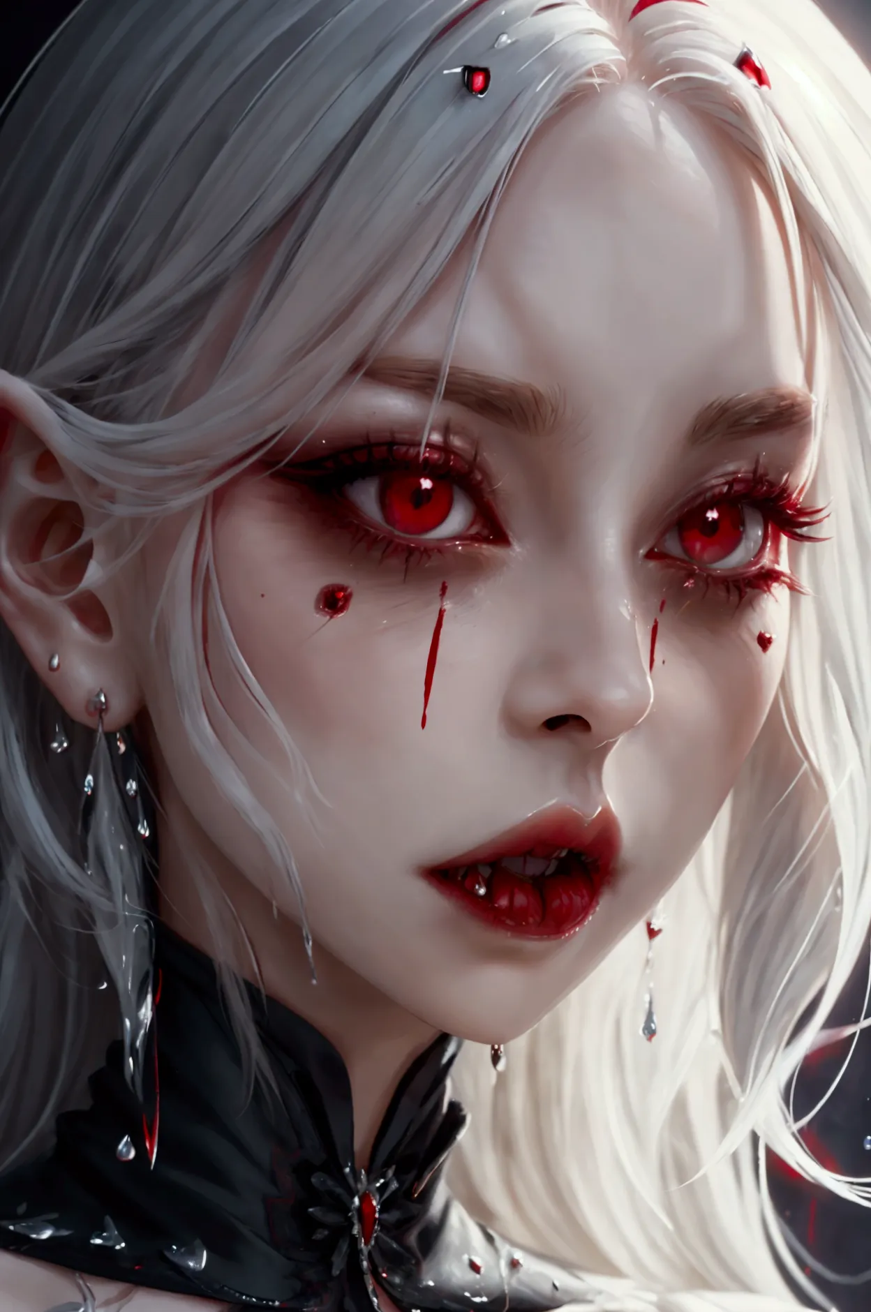 a portrait of vampire with a bloody tear coming down from he eye, an exotic beautiful female vampire, blond hair color, dynamic ...