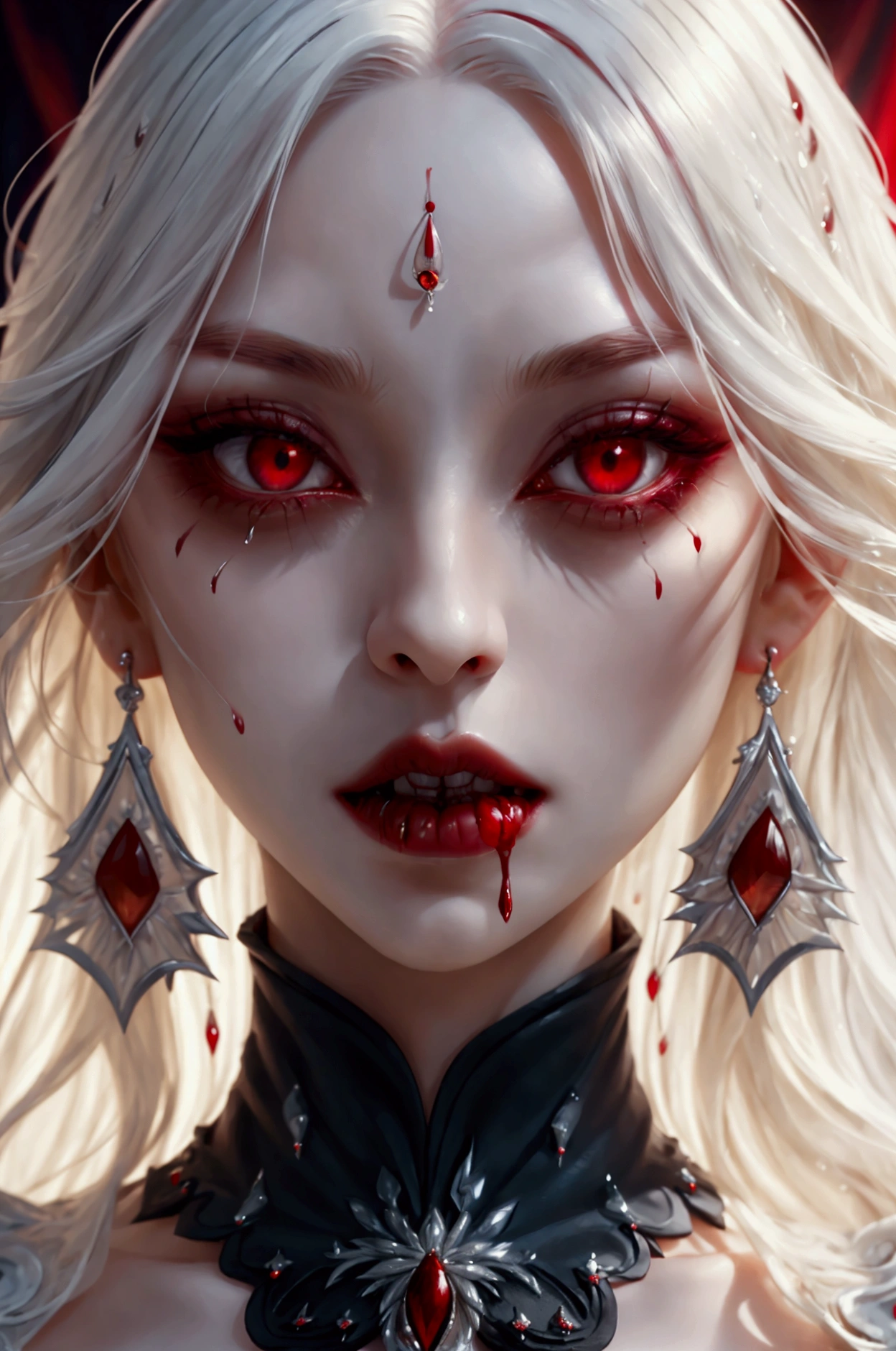 a portrait of vampire with a bloody tear coming down from he eye, an exotic beautiful female vampire, blond hair color, dynamic hair style, ultra detailed face, best detailed face, silver eye color, ((1single red teardrop: 1.3)), ((tear drop made from blood)), ((teardrop coming down from the eye: 1.3)), small cleavage, wearing two black diamond earrings, Ultra-high resolution, High Contrast, (masterpiece:1.5), highest quality, Best aesthetics), 16K fantasy art, best details, best quality, highres, (ultra wide angle: 1.2), 16k, [ultra detailed], masterpiece, best quality, (extremely detailed), wearing d2c, wearing d2d, vampire