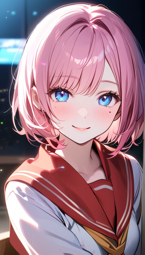 (1 person),(Best image quality, 8k, masterpiece:1.3), (high school student:1.5), ((Pink lob hair:1.1)), (Bobcut),(Swept-apart bangs), (Cute eyes, Black pupil, Iris Sky Blue, like々Funny face), (Mole under right eye), (Standard weight), (Small breasts), (Glowing Skin:1.3),(Pale skin:1.2),(Sweatをかいた肌:1.2),(smile),break YunaX, Heterochromia iridis, Removable sleeves, kimono, sash, heart, Hakama skirt, Purple too,break ((Underarmを見せる)),(Crystal Tree), (flying debris), (Highest quality), Very detailed, ((1 person)), Focus Only，dynamic，((smile))，Perfect Face, 美Funny face, Very detailedな顔，(Pink long hair_Pink Eyes:1.3)，Swimwear，Idle only，Gorgeous hair ornament,smile，Large Breasts，Sandy Beach，Underarm、Sweat、look up，smile,alone, 1 personの, blush, please raise your right arm、Open your chest wide