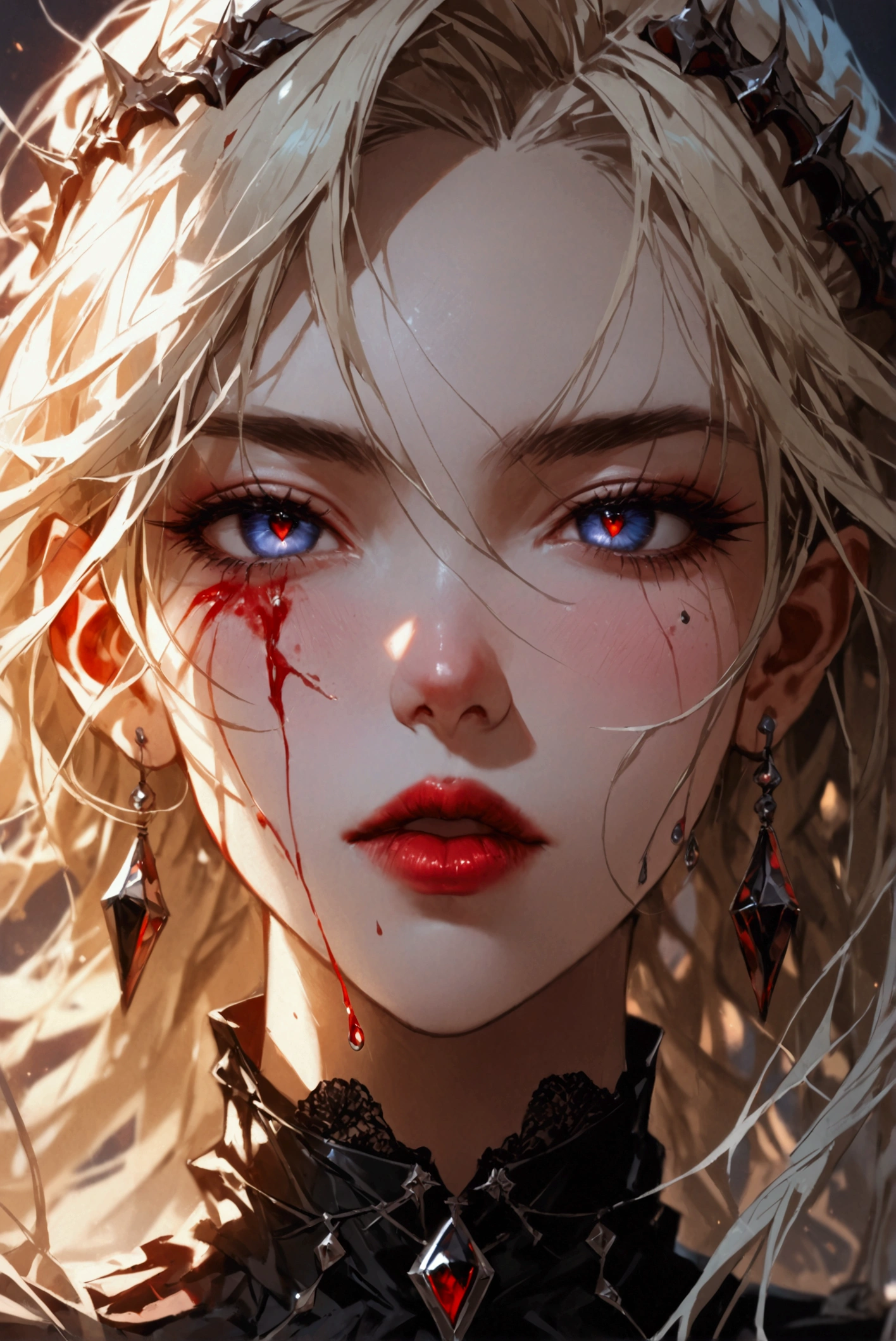 a portrait of vampire with a bloody tear coming down from he eye, an exotic beautiful female vampire, blond hair color, dynamic hair style, ultra detailed face, best detailed face, silver eye color, ((1single red teardrop: 1.3)), ((tear drop made from blood)), ((teardrop coming down from the eye: 1.3)), small cleavage, wearing two black diamond earrings, Ultra-high resolution, High Contrast, (masterpiece:1.5), highest quality, Best aesthetics), 16K fantasy art, best details, best quality, highres, (ultra wide angle: 1.2), 16k, [ultra detailed], masterpiece, best quality, (extremely detailed), rpg portrait
photograph