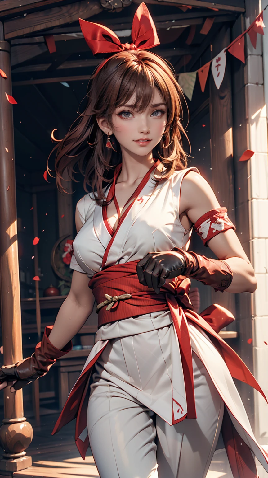 masterpiece, Highest quality,One person, alone, Stagnation, red bow, bow, Long Hair, hair bow, Ainu clothing, alone, hair band, Black Hair, fingerless gloves, Short sleeve, gloves, sash, bangs, red hair band, chest, Brown eyes, White pants, kimono, masterpiece, A light smile, (figure: 1.5), Running towards the audience