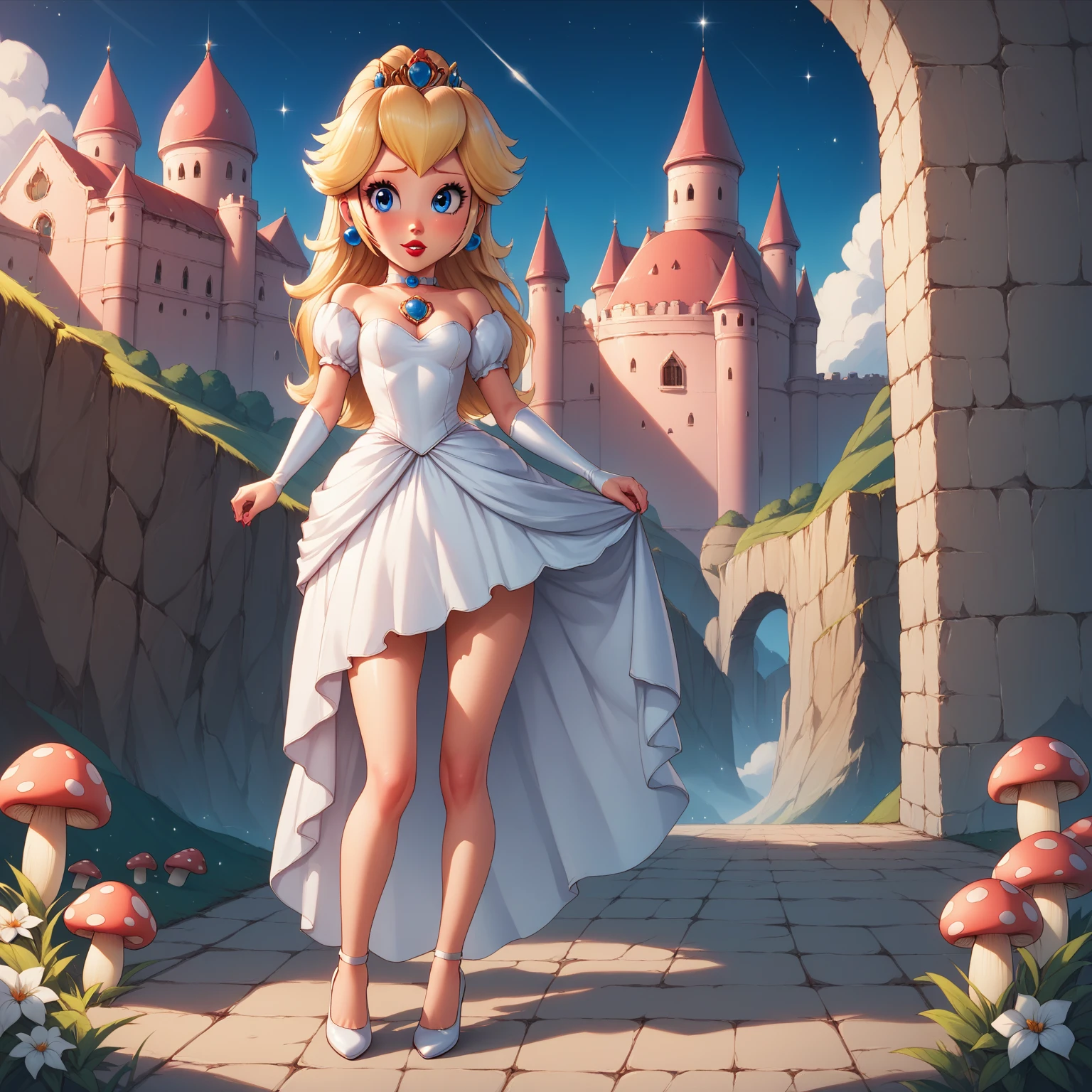 peach princess with a revealing wedding dress, big eyes, blue eyes, very elegant hands, bare legs, perfect fingers, delicate, blonde hair, hair up, red lips, defined face, sensual body, high shoes, white shoes, shy, embarrassed, red. masterpiece, 8k at night. landscape of a castle, surrounded by mushrooms.