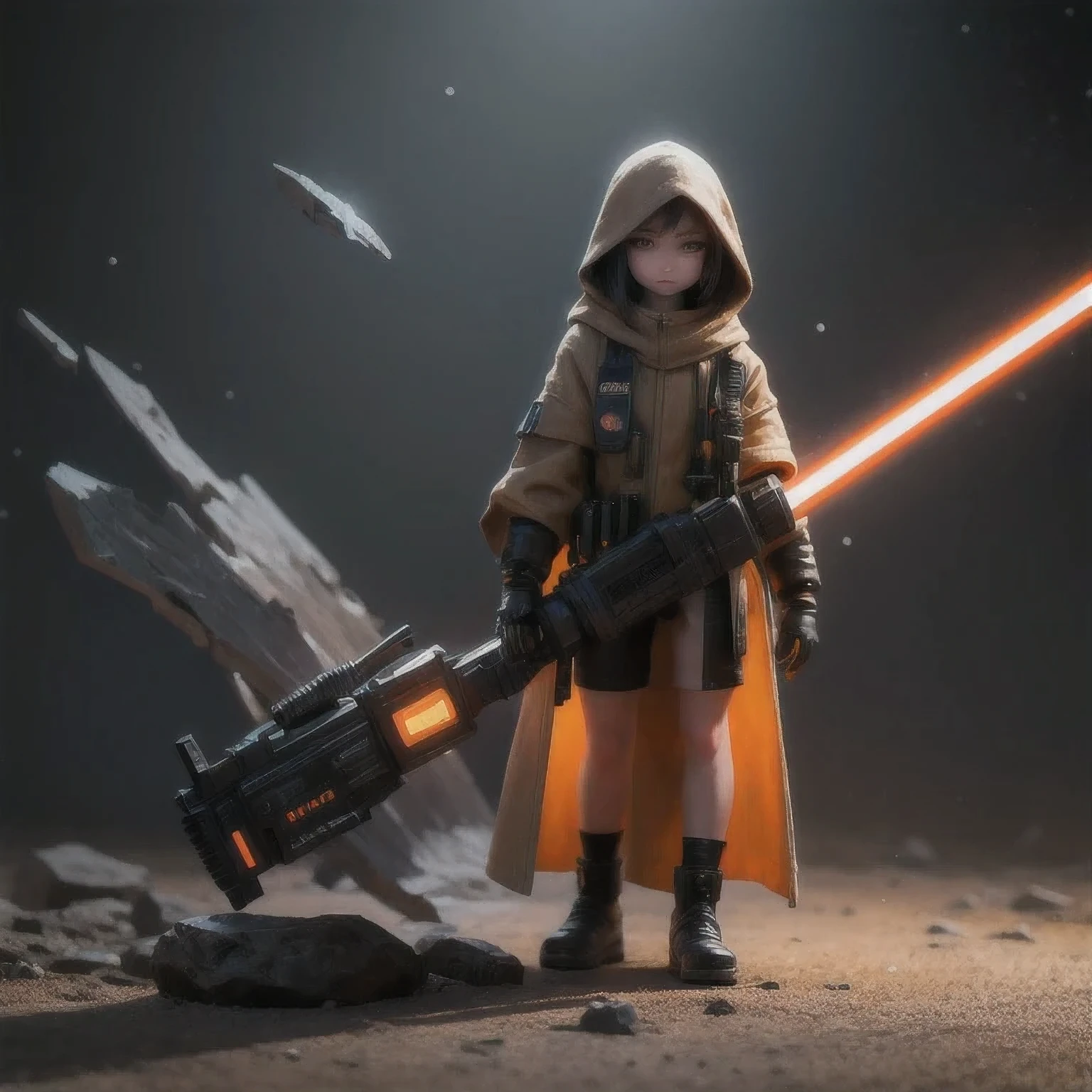 Black gold silk cyberpunk mine snow light orange rough linen cloak rump lightsaber space floating 1:6 Miniatures，illustration