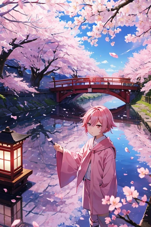 male子　male　Pink Hair　Pink Eyes　Slender　Sad look　Shota　cherry blossoms　cherry blossoms吹雪　To grasp the petals　bridge　river