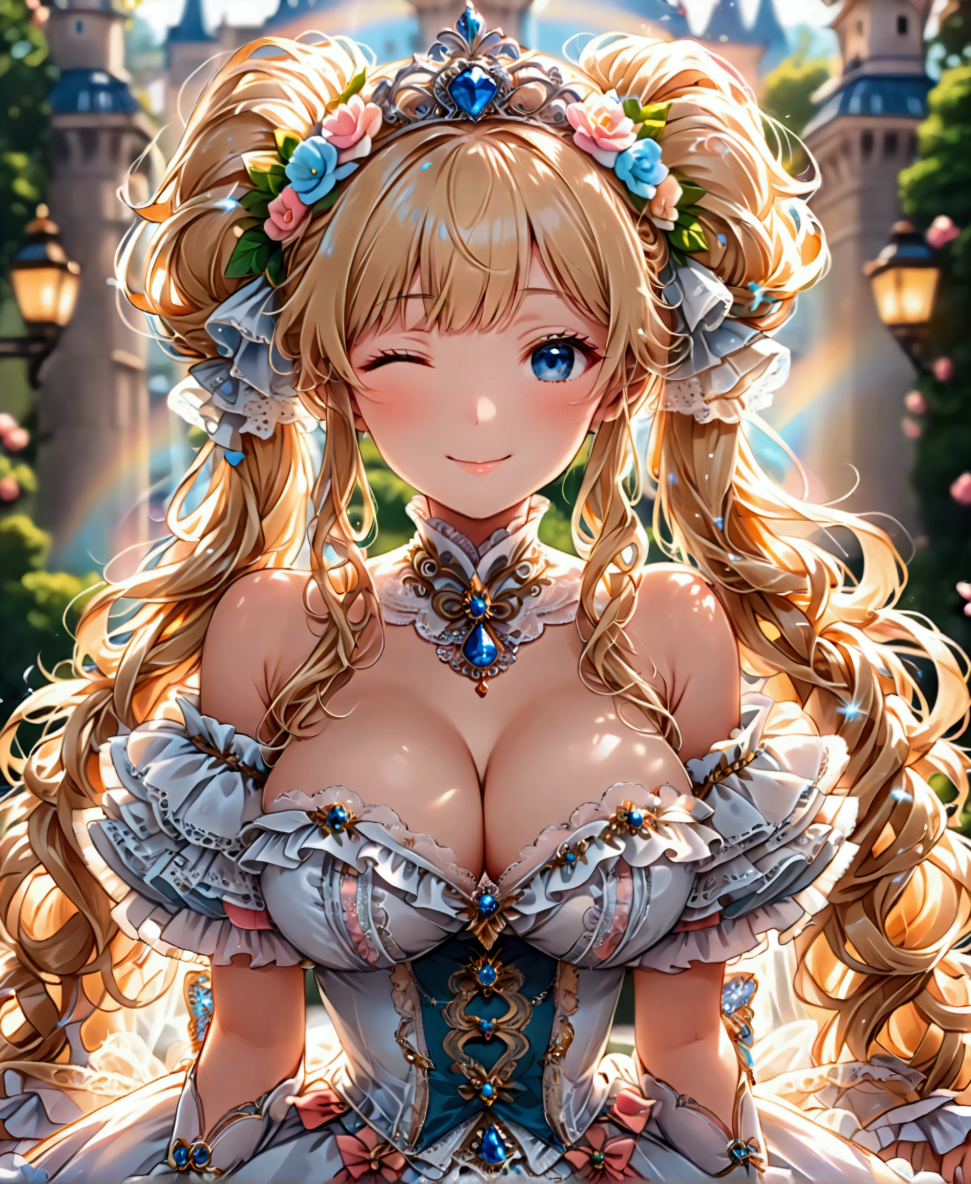 ((superbly detailed drawing, ultra detailed, exquisite quality, ultra high resolution)), ((cute smile, wink, one eye closed)), ((rococo victorian gown with voluminous huge hoopskirt with multilayer ruffle, transparency, brilliant reflection prism)), (solo young princess), super delicate face, very kawaii face, (blond long twintails, smooth curly hair, expressive, super voluminous hair), (blunt bangs, hime_cut:1.3), silver tiara, huge breasts, breasts cleavage, breasts focus, head tilt, leaning forward, front view, from above, ((hand on own chin)), cowboy shot, super detailed skin, (((perfect hands))), (((perfect anatomy))), (royal castle garden, reality:1.2), (blurry background, depth of field:1.4), particle effect, caustics, (anime moe art style),