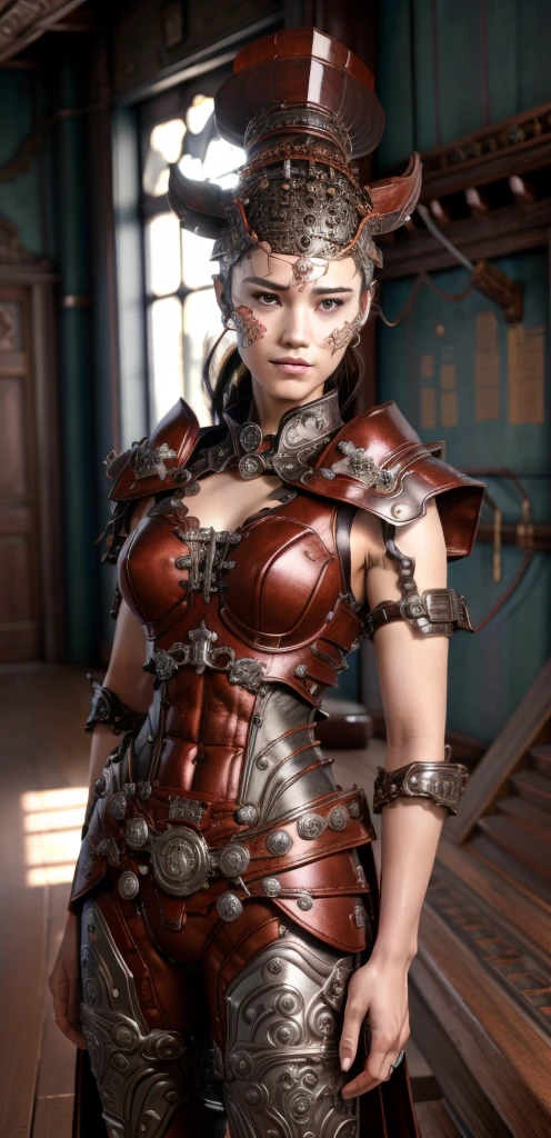 a highly detailed digital illustration of a beautiful woman with red skin, sharp teeth, and a narrowed eyes smirk, wearing a Mandarin Collar Shirt, posing in a detailed shipyard environment, (best quality, 8k, high res, ultra-detailed, realistic, photorealistic, masterpiece:1.2), (armor xenomilf, colored skin, red skin, sharp teeth, Christina Chong beautiful face, narrowed eyes, smirk, digital, in detailed shipyard, Mandarin Collar Shirt)
