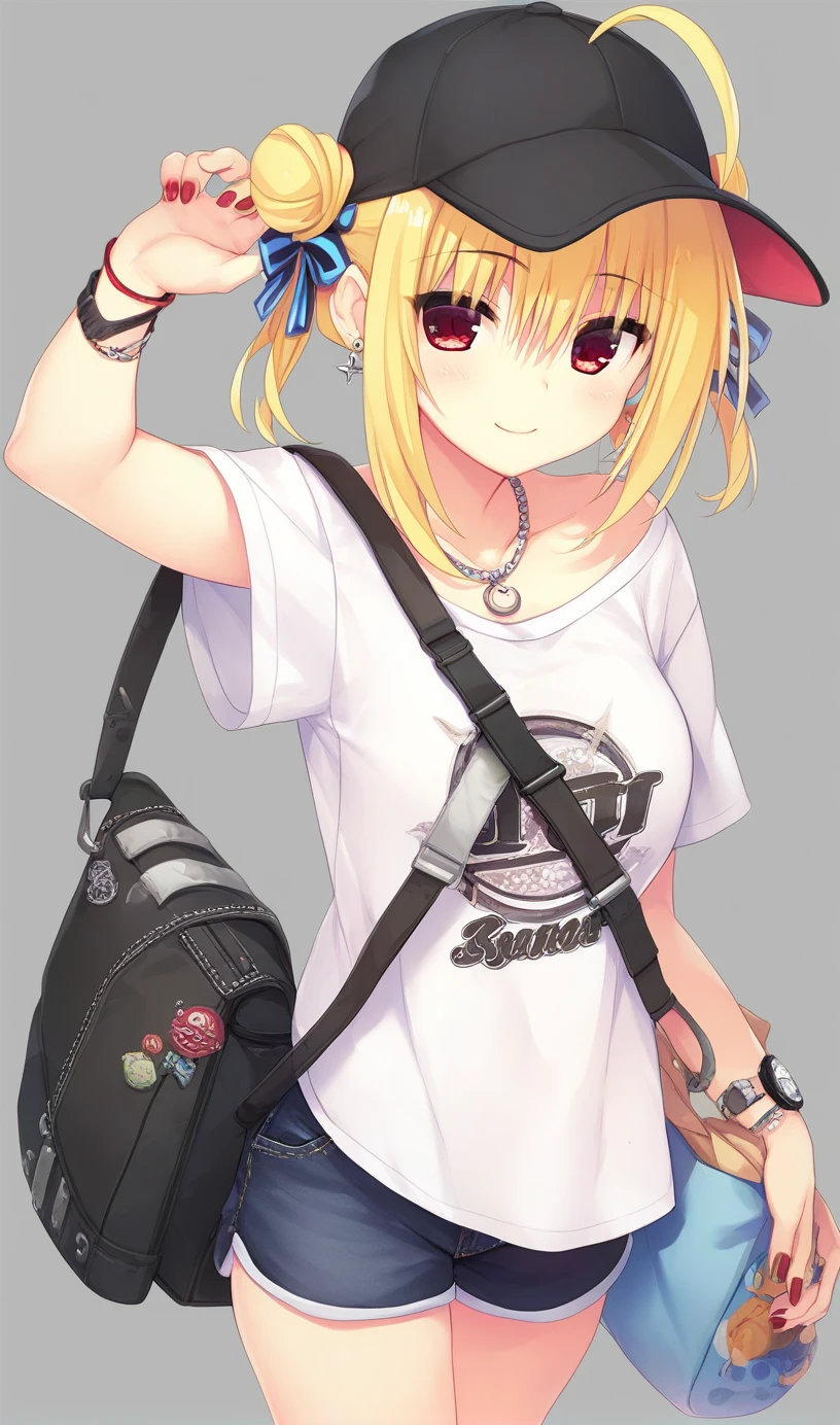 hiyori-default,red eyes,blonde hair, double bun,ahoge, shirt,white_shirt,short_sleeves,earrings,shorts,necklace,bag,nail_polish,black_headwear,black_shorts,t-shirt,clothes_writing,baseball_cap,smiling